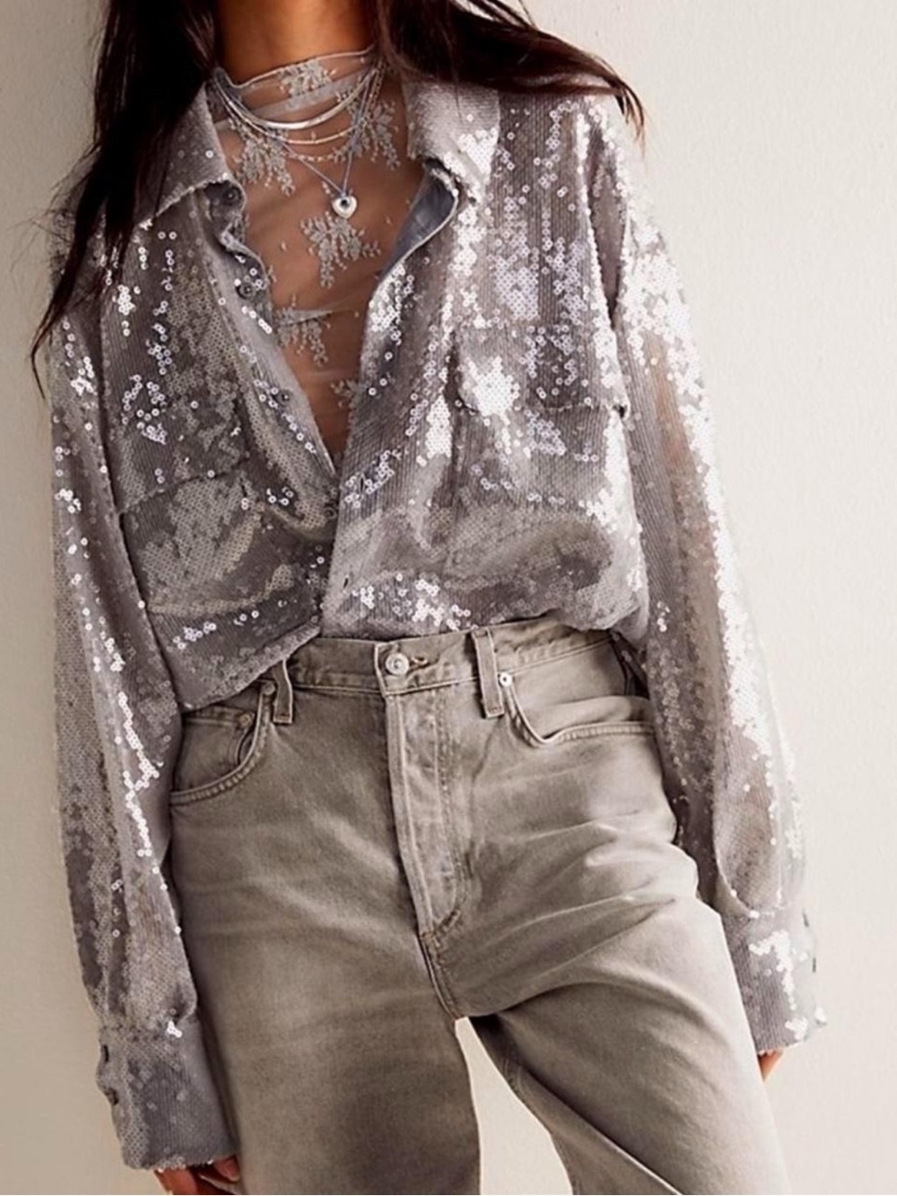 NWT Free People Silver Sequin Button-Up Shirt - Women Tops